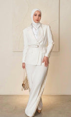 The Arabesk Co-ord, linen blazer and wide-leg pants set with geometric embroidery, detail view — Gigi's