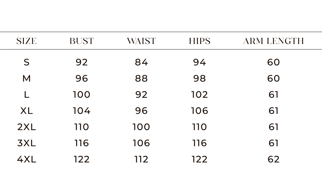 Gigi's Arabesk Co-ord measurements and dimensions chart