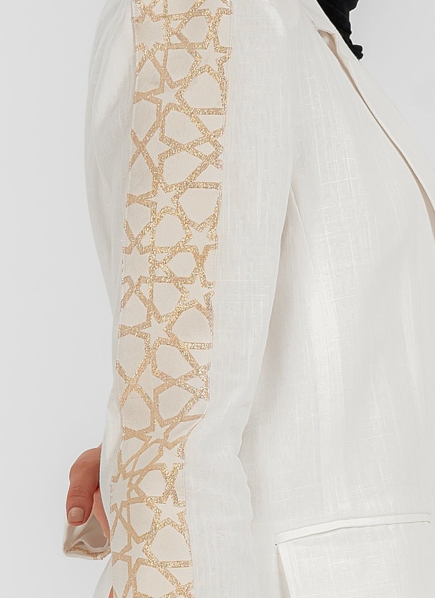 The Arabesk Co-ord, linen blazer and wide-leg pants set with geometric embroidery, back view — Gigi's